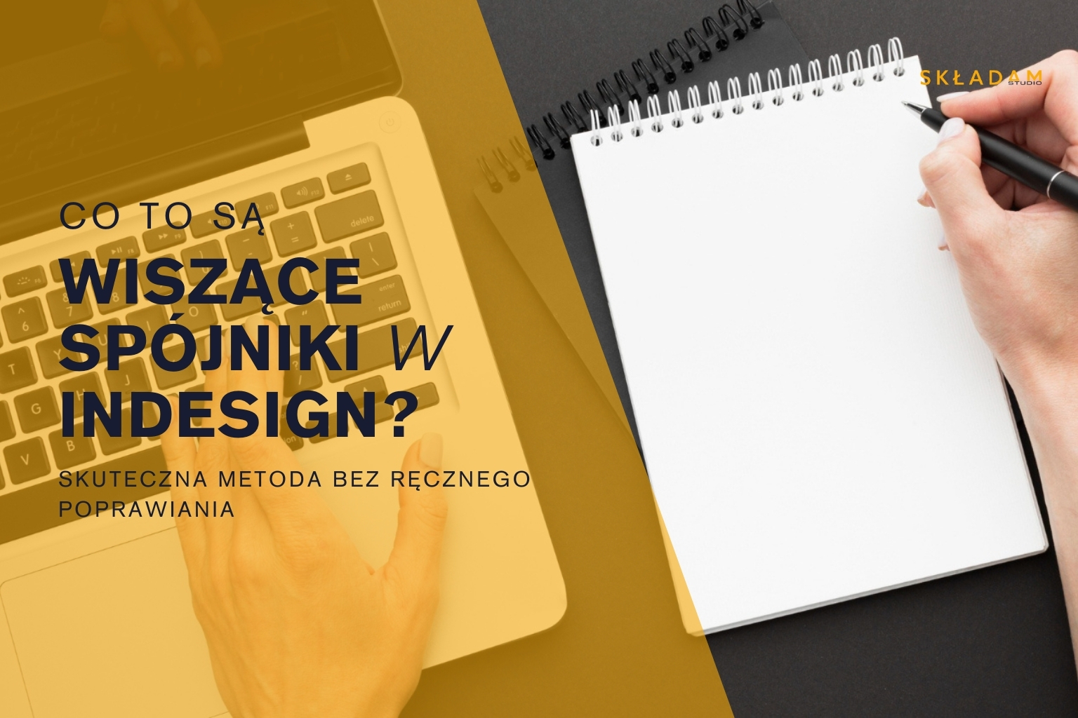 Grafika tytułowa do poradnika o usuwaniu wiszących spójników w InDesignie