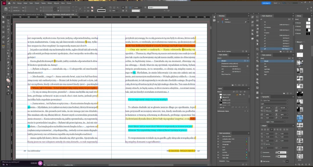 Przykłady popularnych błędów typograficznych poprawionych czerwonym pisakiem przez profesjonalnego korektora - techniczny skład książki