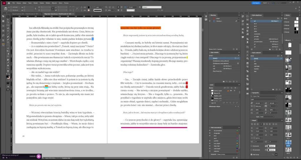 Przykłady popularnych błędów typograficznych poprawionych czerwonym pisakiem przez profesjonalnego korektora - techniczny skład książki
