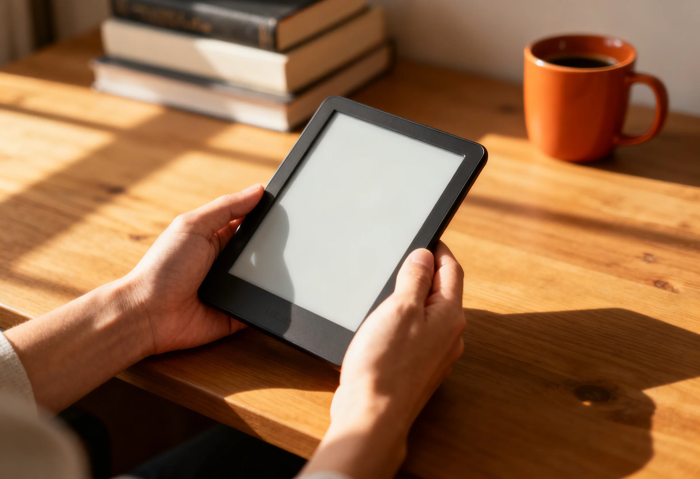 Dłonie trzymające nowoczesny czytnik e-booków na tle tradycyjnych drukowanych książek i filiżanki kawy - ebook czy druk