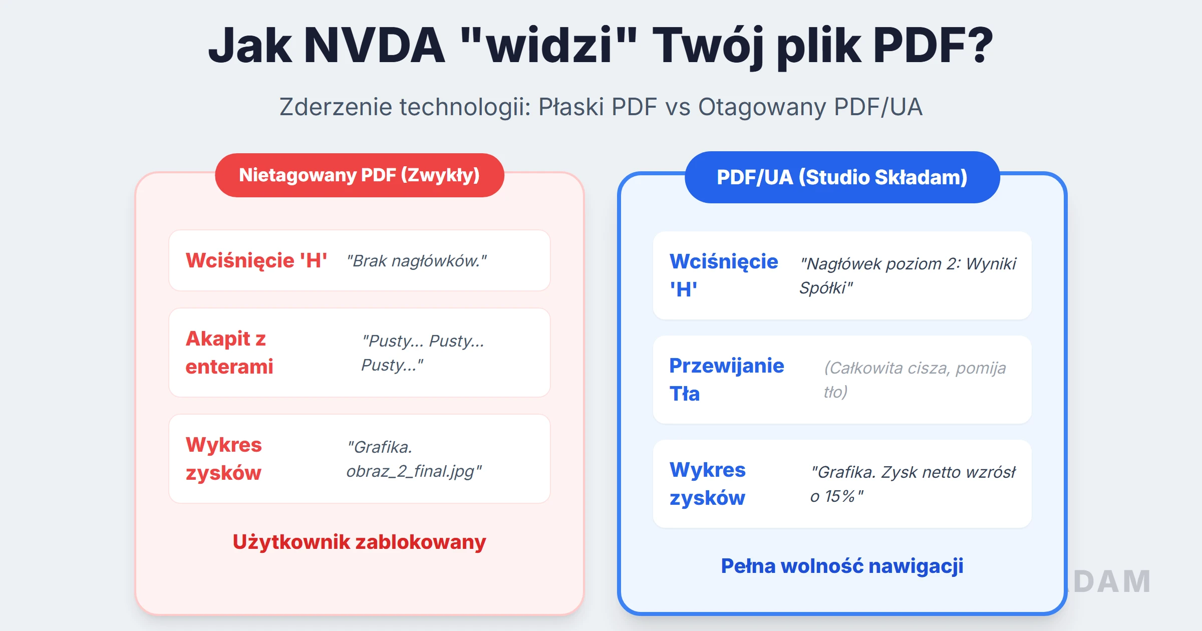 Zderzenie technologii - Różnica między tym jak NVDA czyta zwykły PDF z błędami a jak płynnie nawiguje po otagowanym PDF/UA ze Studio Składam