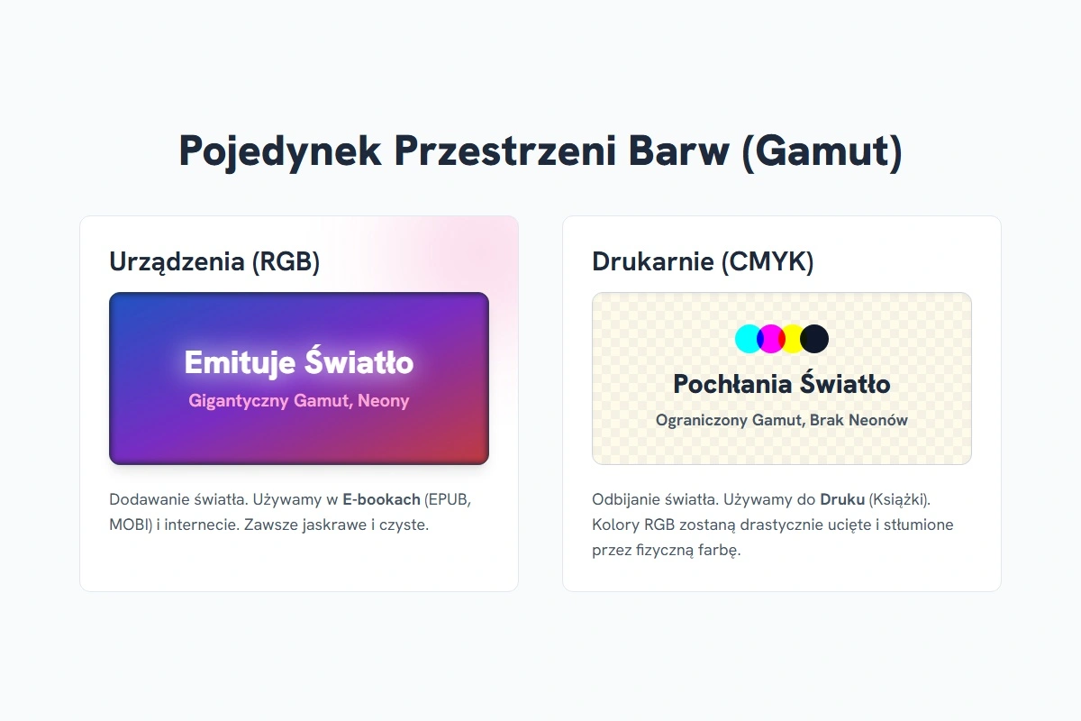 Różnica między wielkim gamutem (zakresem) RGB a ograniczonym gamutem CMYK, czyli dlaczego farby zawsze będą ciemniejsze od monitora