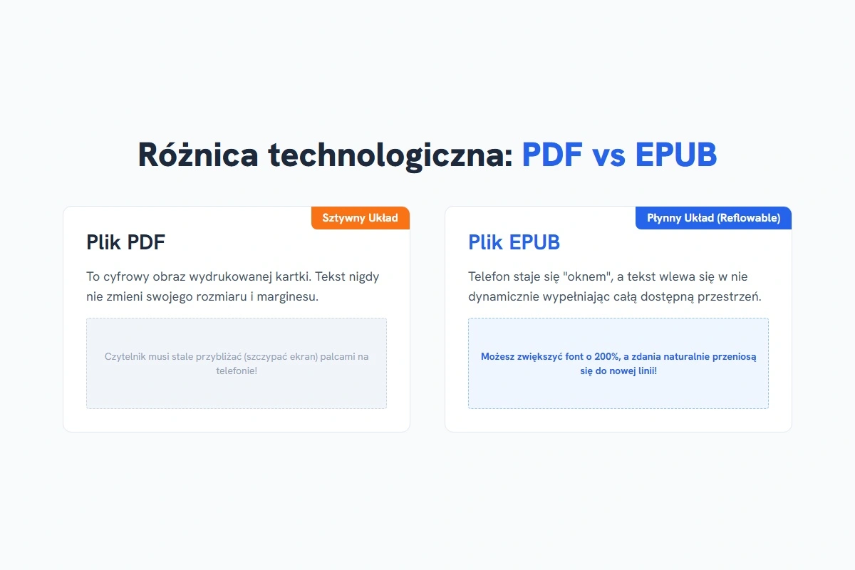Porównanie płynności formatów: Sztywny PDF vs Płynny EPUB