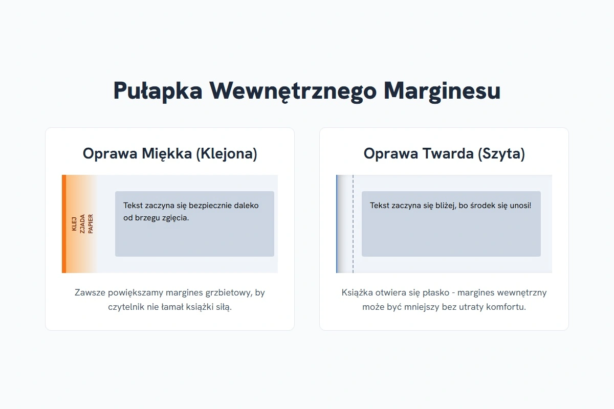 Wizualizacja różnic w wewnętrznym marginesie między oprawą klejoną a szytą