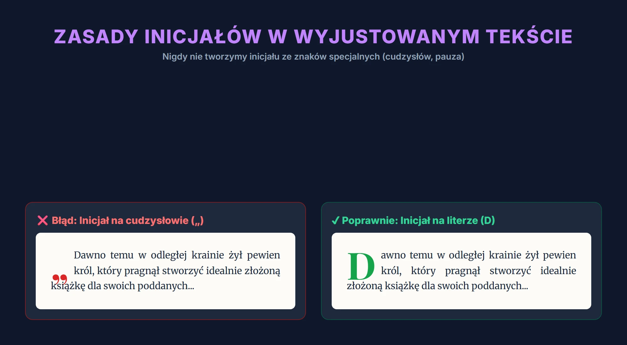Zasady inicjałów w składzie DTP - błędy na znakach specjalnych