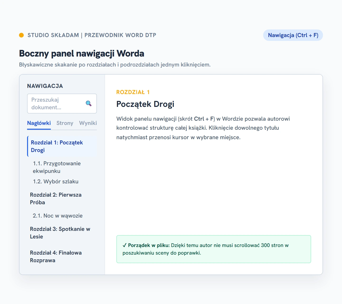 Boczny panel nawigacji Worda z drzewem nagłówków